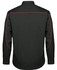 A black long-sleeve button-up shirt featuring red piping along the seams and a simple collar design.