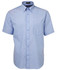 A short-sleeve button-up shirt in light blue with a chest pocket and a logo.