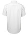 A plain white button-up shirt featuring a back view and a collar. The shirt has a logo.