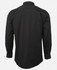 A black long-sleeve button-up shirt with a simple design and a logo on the back.