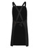 A black cross back canvas apron without a strap, featuring a tied closure and a logo.