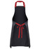 A black apron with red straps and ties, featuring a logo. Ideal for workwear use.