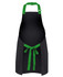 A black apron with green colour straps, featuring a waist tie and adjustable neck strap. It includes a logo.
