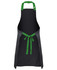 A black apron with green colour straps and ties, featuring a logo. Ideal for workwear use.