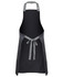 A black apron with grey straps and a tie, featuring a simple design and an adjustable neck.