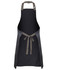 A black apron with colour straps, featuring a waist tie and an adjustable neck strap. It includes a logo.