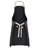 A black apron with light beige straps, featuring a front tie and a simple design. It has a logo.