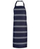 A navy blue apron with horizontal stripes and a neck strap. It has a logo on the front.