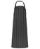A black and white striped apron without pockets, designed for workwear. It features an adjustable neck strap and a logo.