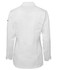 A white long-sleeve chef's jacket with an elegant design and a logo on the sleeve.