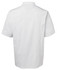 A short-sleeved chef's jacket in white, featuring a simple design and a classic collar, with a logo on the left side.