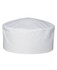 A white chef's vented cap with a textured top and an inner band, featuring a branding logo.