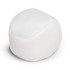 A white hacky sack with a smooth surface, featuring a rounded, slightly irregular shape. It has a logo.