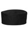 A black chef's cap made from fabric, featuring a rounded design and a simple style. It includes branding.
