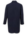 A navy lab coat with long sleeves and a back vent, featuring a collar and branding details.