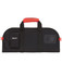 A black and red chef's knife bag featuring dual handles and a small pocket, with a logo on the side.