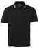 A black chef polo featuring a white check-pattern collar and buttons. It has a logo on the sleeve.