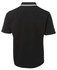 A black polo shirt featuring a white checkered collar and a branded logo on the sleeve, designed for chef wear.