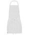 A white apron with adjustable straps and side ties, featuring a logo at the bottom.