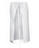 A white apron featuring a front tie and an open design, with a logo detail at the bottom.