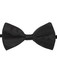 A black satin bow tie with a central knot, featuring a smooth surface and an adjustable strap.