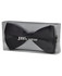 A black bow tie packaged in a clear box, featuring a logo on the front.