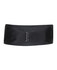 A black satin cummerbund with a sleek design and three-button fastening, featuring a branding logo.