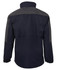 A black and charcoal rain jacket featuring a high collar and elastic cuffs, with a logo on the back.