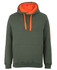 A green work hoodie with an orange inner lining and drawstrings, featuring a front pocket and a logo on the sleeve.