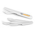 A white knife, fork, and spoon set displayed together, featuring a logo on the knife handle.