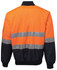 An orange and navy flying jacket with reflective stripes and a ribbed collar. Features a logo on the sleeve.