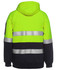 A bright yellow and navy fleece hoodie with reflective stripes and a hood, featuring a logo on the sleeve.