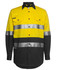 A high-visibility long-sleeve work shirt in yellow and black with reflective stripes and a logo.