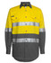 A long-sleeve work shirt in bright yellow and grey, featuring reflective stripes and a logo on the chest.