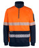 A segmented tape fleece jumper in orange and navy, featuring a half zip and reflective stripes. Includes a logo.