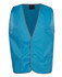 A blue tricot vest with a contrasting trim and a pocket, featuring a branding logo. Suitable for workwear use.