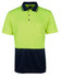 A bright yellow and navy polo shirt with a pocket, featuring a logo and a non-cuff design.
