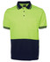 A polo shirt featuring a bright yellow-green upper section and a navy blue lower section, with a pocket and a logo.