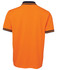 An orange polo shirt featuring a navy collar and striped cuffs, with a logo on the side.