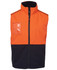 A work vest featuring an orange upper and black lower, with a zipped front and a pocket on the chest, displaying a logo.