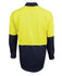 A long-sleeve shirt in high-visibility yellow and navy blue with a professional workwear design and logo.