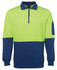 A polar fleece top featuring a half zip, with a bright green upper and navy blue lower section. Includes a pocket.