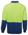 A fleece pullover in bright yellow-green and navy blue, featuring a collar and a zippered pocket on the sleeve.