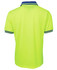 A bright yellow polo shirt with a blue collar and striped detailing. The back view highlights the vibrant colour and design.