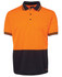 An orange and navy polo shirt featuring a pocket and a logo.