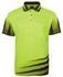 A bright yellow-green work polo shirt with black accents and a pocket, featuring a logo on the collar.