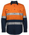 An orange and navy long-sleeve work shirt featuring reflective stripes and two front pockets, with branding.