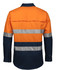 A long-sleeved work shirt in orange and navy with reflective stripes and a back yoke design.