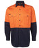An orange and navy long-sleeve work shirt with two chest pockets and a logo.