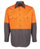 An orange and grey work shirt featuring two front pockets and a logo.